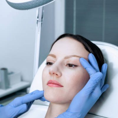 1 Face skin check before plastic surgery. Beautician touching woman face wearing blue medical gloves